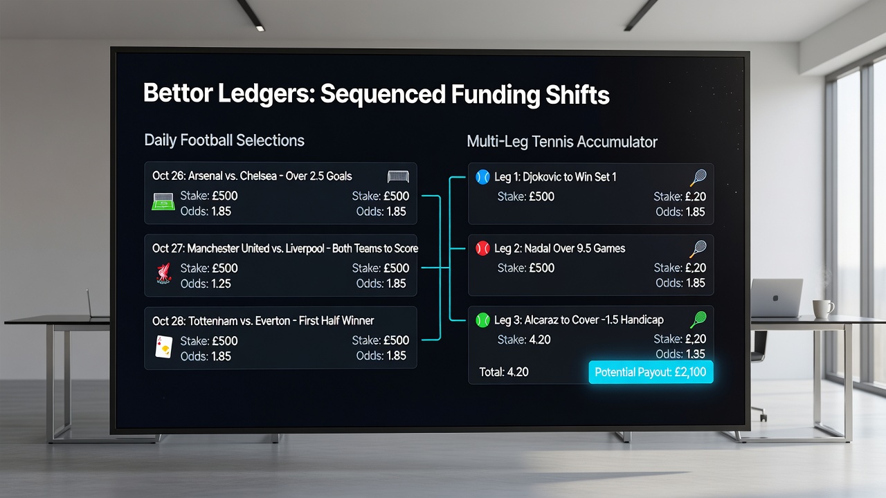 Detailed bettor transaction timelines showing football capital moving into tennis and racing multi-leg structures