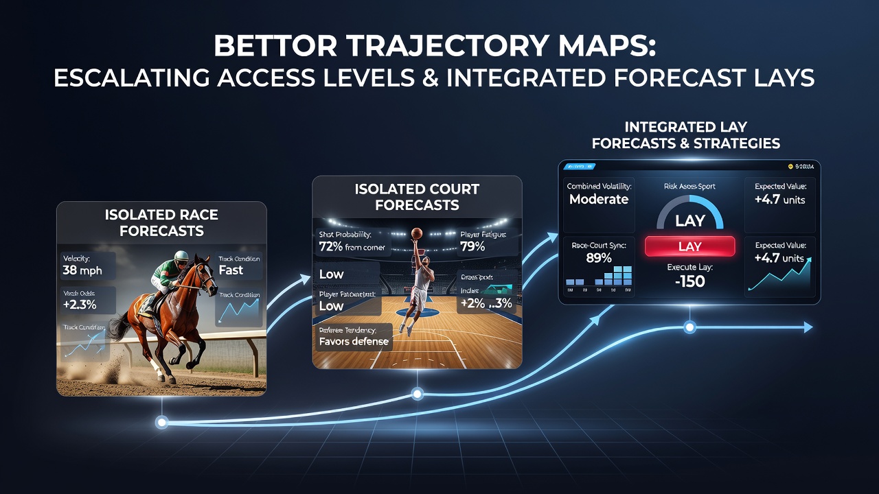 Chart showing escalating access tiers linking horse racing and tennis forecasts into multi-event betting sequences