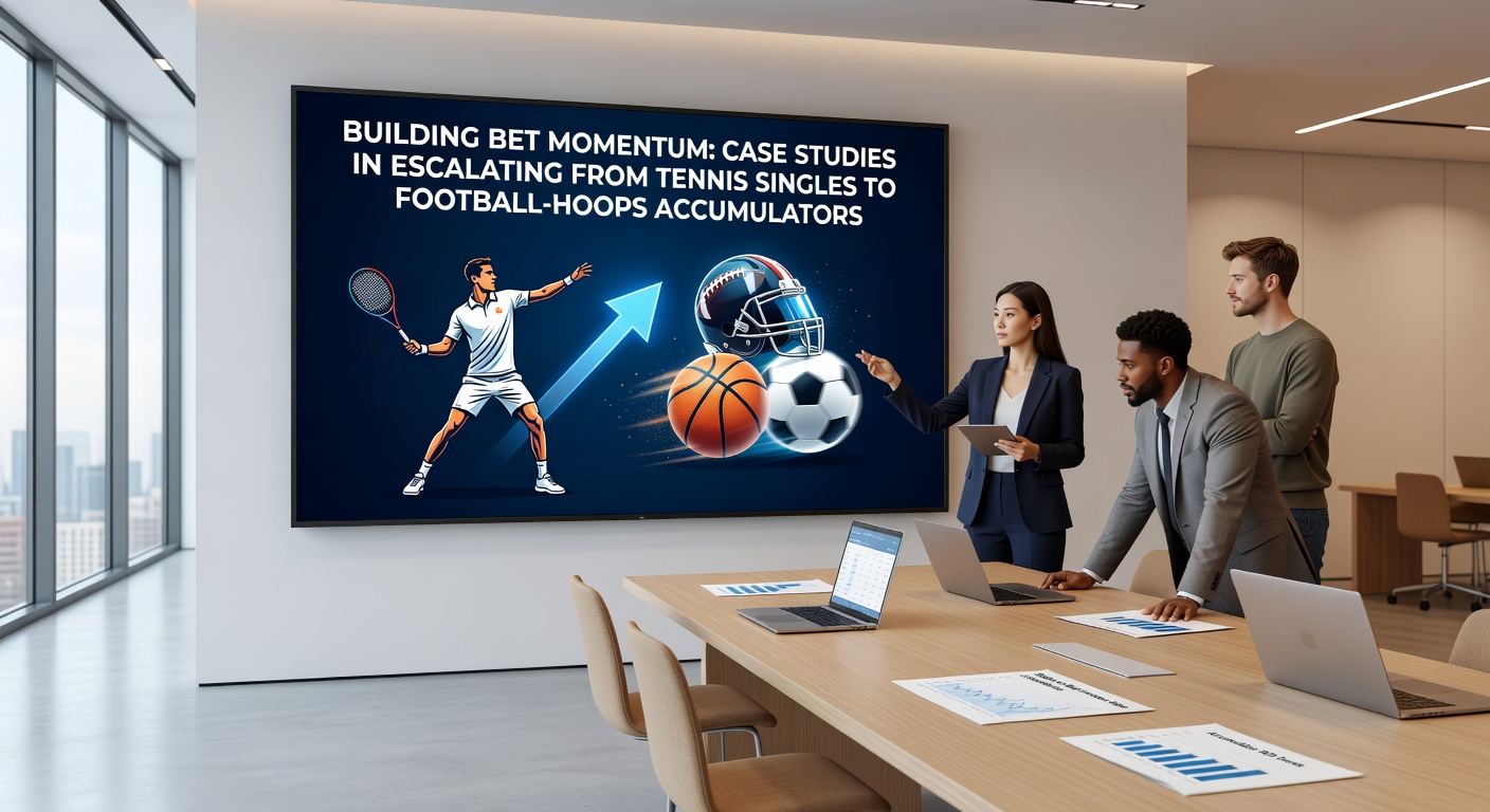 Dynamic split-screen of soccer pitch action, basketball hoop slam, and tennis rally, illustrating accumulator builds