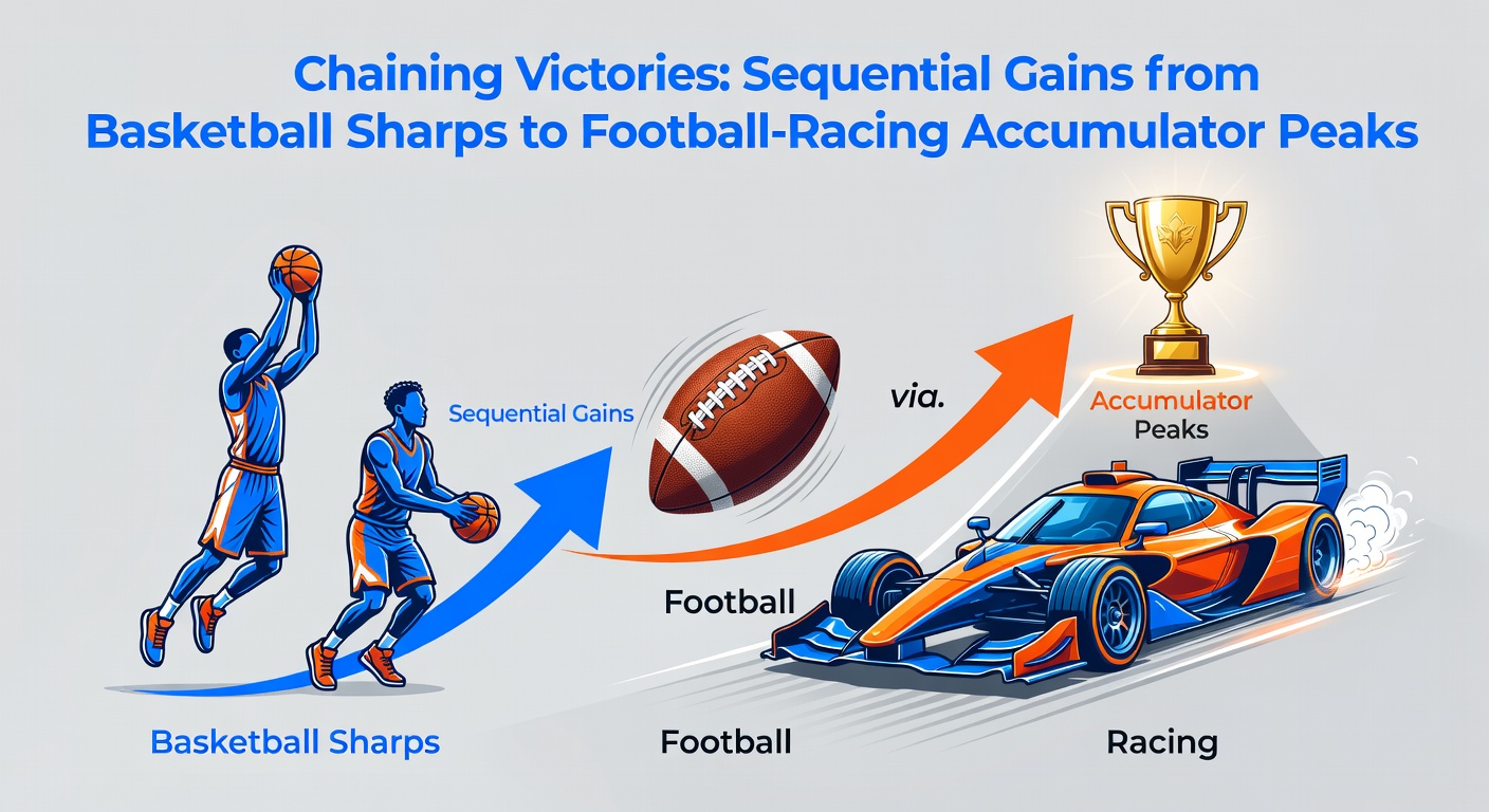 Dynamic split-screen showing a basketball court fade into a football pitch and horse racing track, with rising profit graphs overlayed to depict chained betting victories