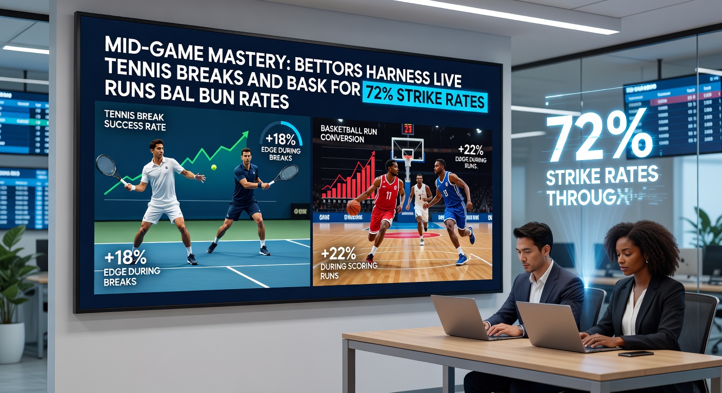 Dynamic split-screen of a tennis break point celebration and a basketball team on a scoring run, highlighting live betting action with odds overlays