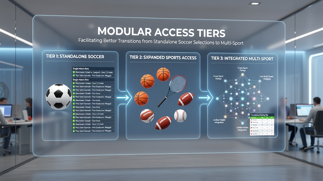 Screenshot of a betting platform interface displaying tier progression from soccer to multi-sport selections