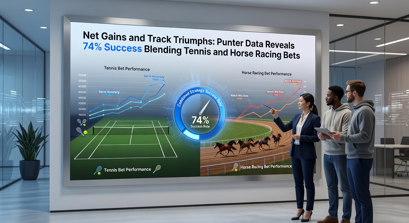 Chart displaying 74% win rate graph for tennis-horse racing accumulators versus solo bets, with punter testimonials overlaid