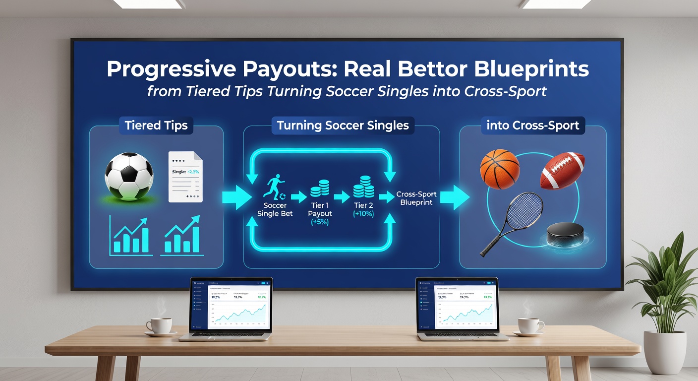Visual breakdown of a tiered betting progression chart, showing soccer singles evolving into cross-sport accumulator payouts with stacked cash growth