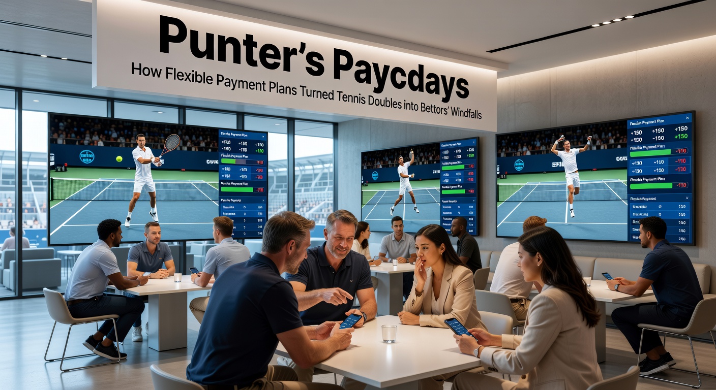 Close-up of a bookmaker app showing a tennis doubles accumulator bet with flexible payment options highlighted, odds ticking live during a match