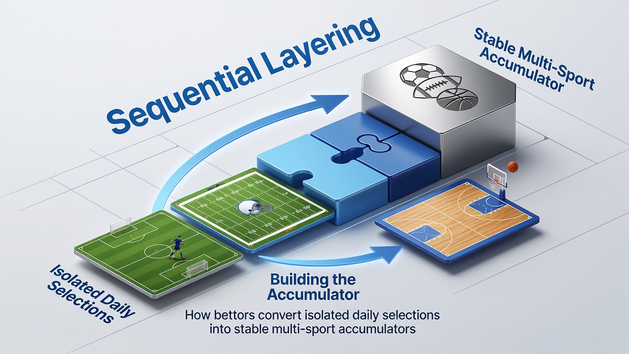 Sequential layering diagram showing soccer, tennis, and racing selections merging into accumulator frameworks