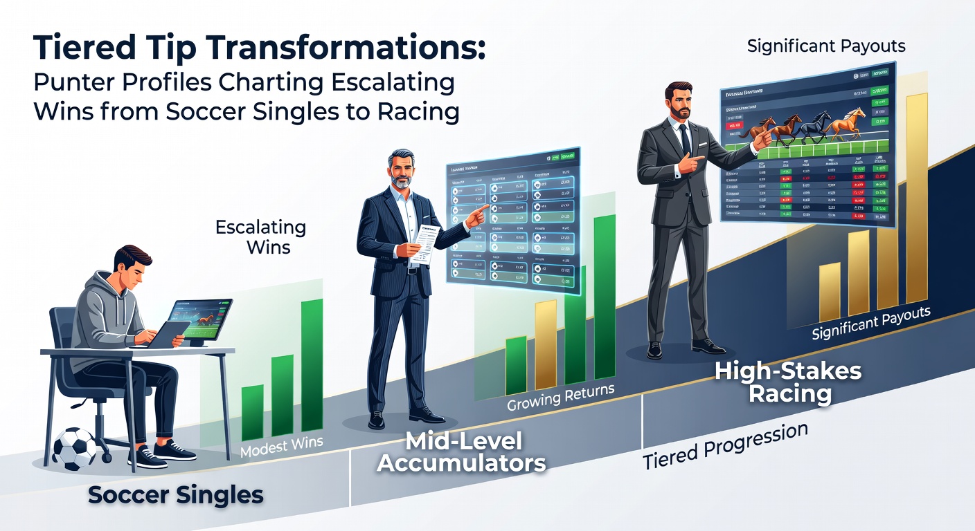 Punter dashboard displaying tier progression with soccer singles evolving into winning racing accumulator slips