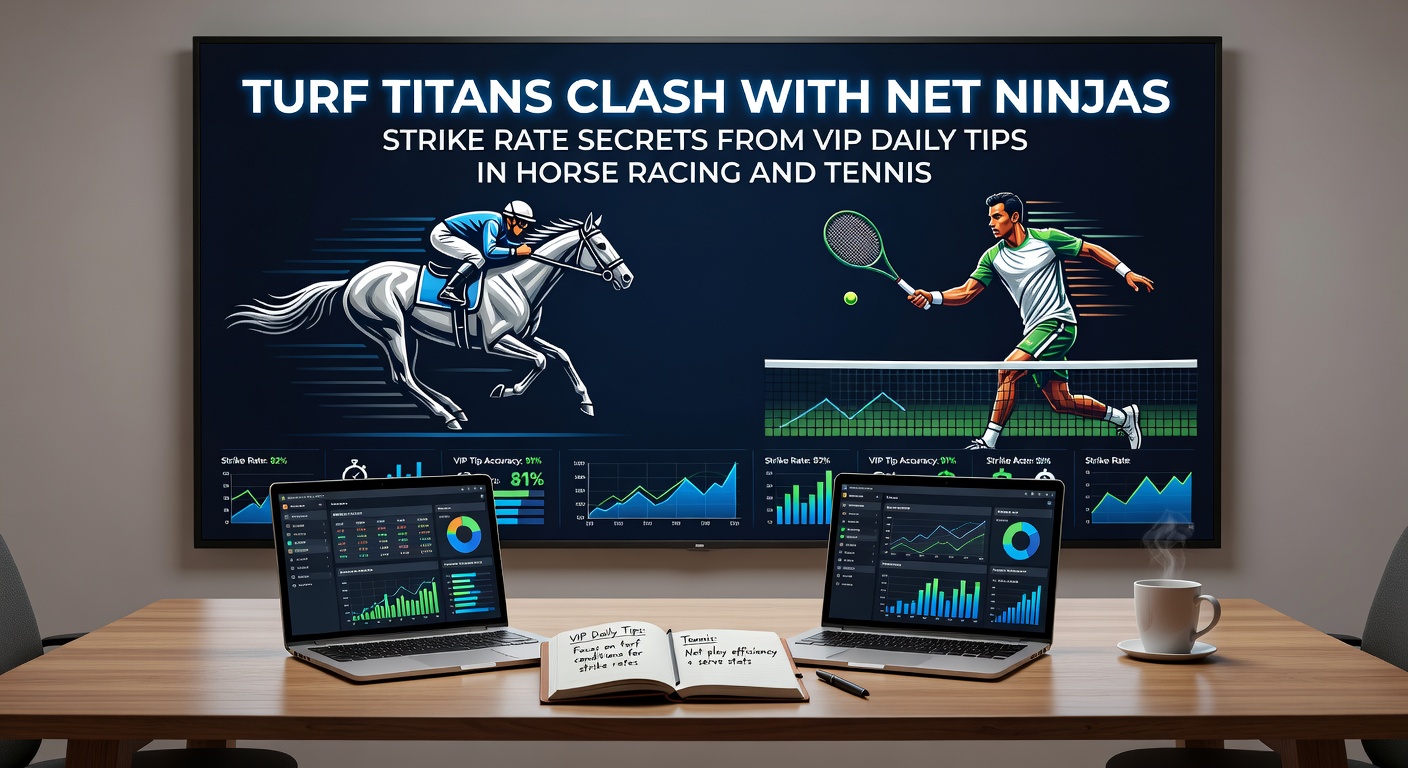 Close-up of tennis player mid-serve against a backdrop of galloping racehorses, symbolizing the turf titans versus net ninjas rivalry in betting tips
